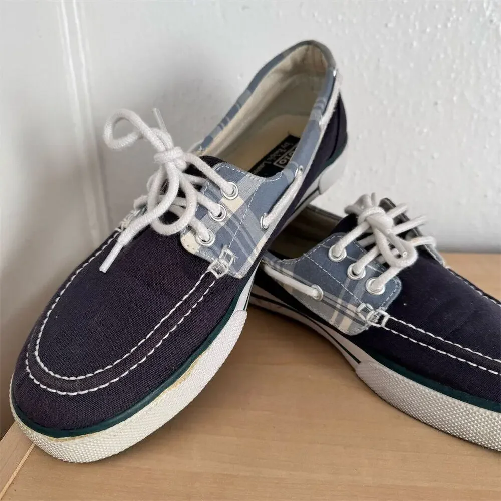 Polo by Ralph Lauren Mens Blue Plaid Boat Shoes Canvas Size 8.5 Casual Loafer